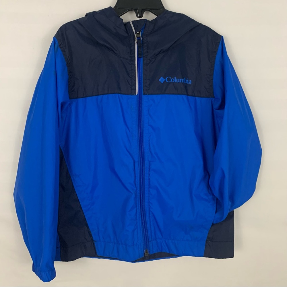 Like New Columbia light weight hooded rain jacket in blue and navy size 4/5 XXS